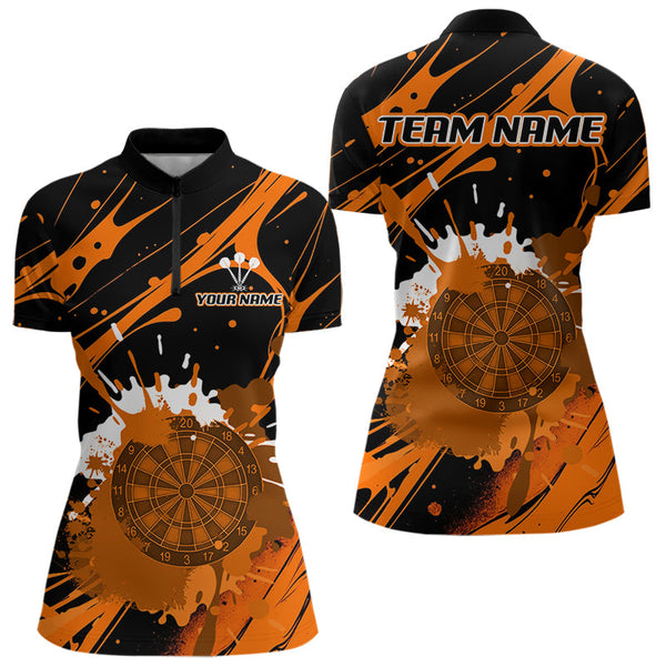 Custom Orange Paint Splash Dartboard Women Quarter-Zip Shirt, Artistic Dart League Shirt NYN0648