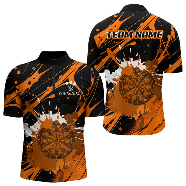 Custom Orange Paint Splash Dartboard Quarter-Zip Shirt For Men, Artistic Dart League Shirt NYN0648