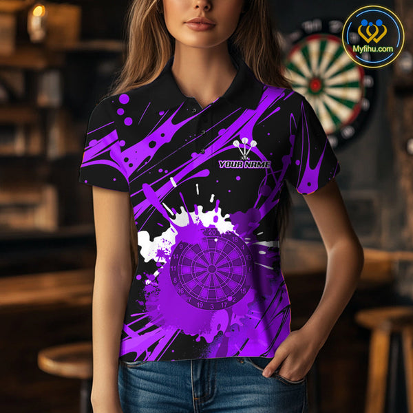 Custom Purple Paint Splash Dartboard Polo Shirt For Women, Artistic Dart League Shirt NYN0649
