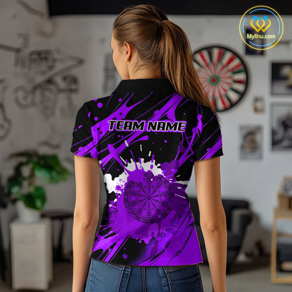 Custom Purple Paint Splash Dartboard Polo Shirt For Women, Artistic Dart League Shirt NYN0649