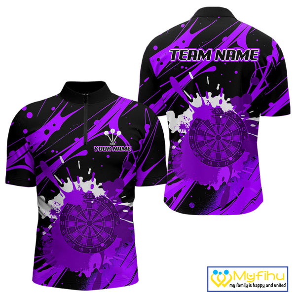 Custom Purple Paint Splash Dartboard Quarter-Zip Shirt For Men, Artistic Dart League Shirt NYN0649
