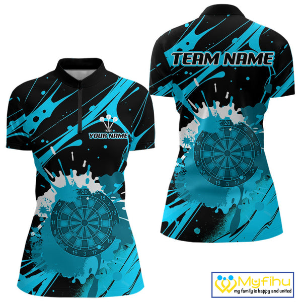Custom Blue Paint Splash Dartboard Quarter-Zip Shirt For Women, Artistic Dart League Shirt NYN0650