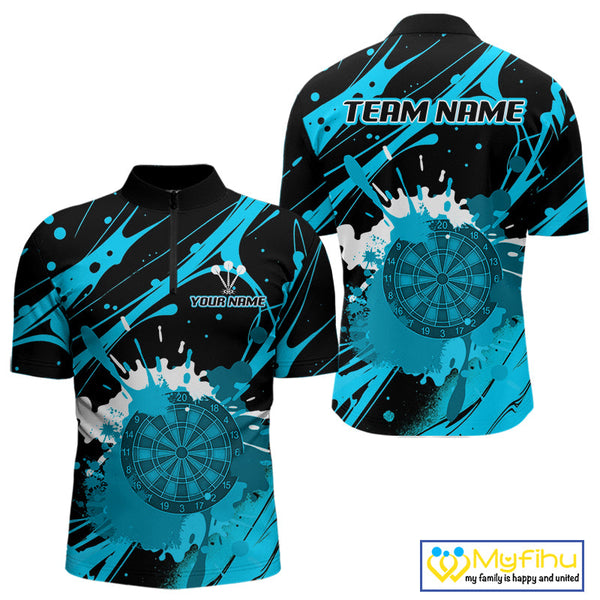 Custom Blue Paint Splash Dartboard Quarter-Zip Shirt For Men, Artistic Dart League Shirt NYN0650