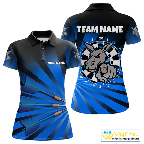 Custom Blue Black Burst Effect Donkey Dartboard Darts Polo Shirts For Women, Dart Jerseys NYN0670