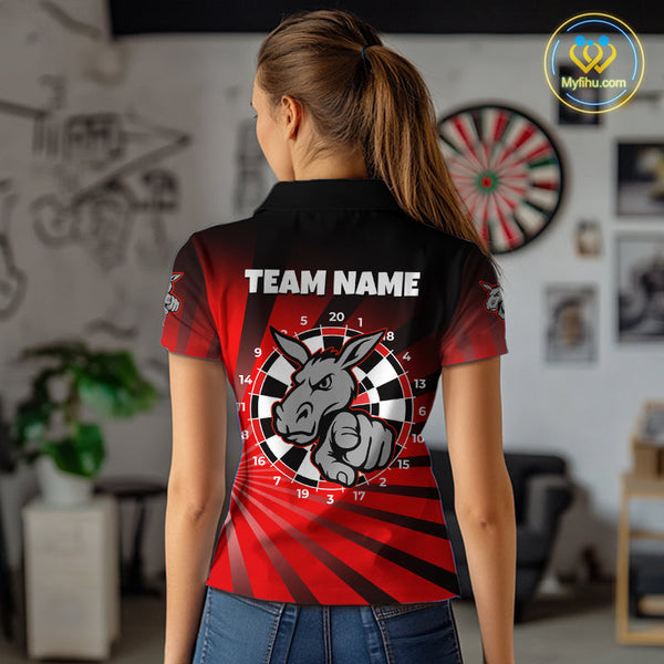 Custom Red Black Burst Effect Donkey Dartboard Darts Polo Shirts For Women, Dart Jerseys NYN0671