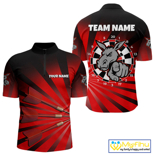 Custom Red Black Burst Effect Donkey Dartboard Darts Quarter-Zip Shirts For Men, Dart Jerseys NYN0671