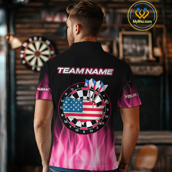 Custom Black Pink Neon Flame American Flag Dartboard Polo Shirts For Men, Dart Jerseys NYN0676
