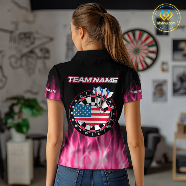 Custom Black Pink Neon Flame American Flag Dartboard Polo Shirts For Women, Dart Jerseys NYN0676