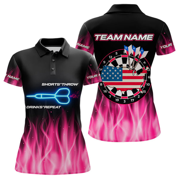 Custom Black Pink Neon Flame American Flag Dartboard Polo Shirts For Women, Dart Jerseys NYN0676