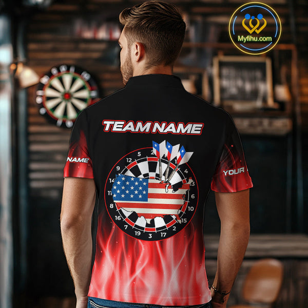 Custom Red Flame US Flag Dartboard Men Polo Shirt, Patriotic Dart League Shirt NYN0677