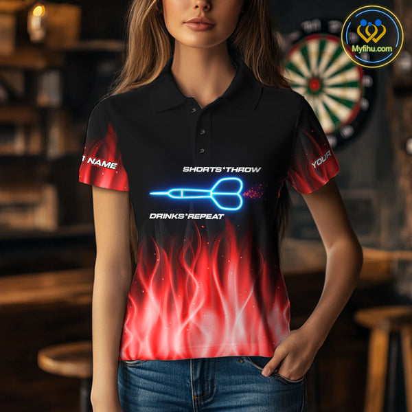 Custom Red Flame US Flag Dartboard Women Polo Shirt, Patriotic Dart League Shirt NYN0677