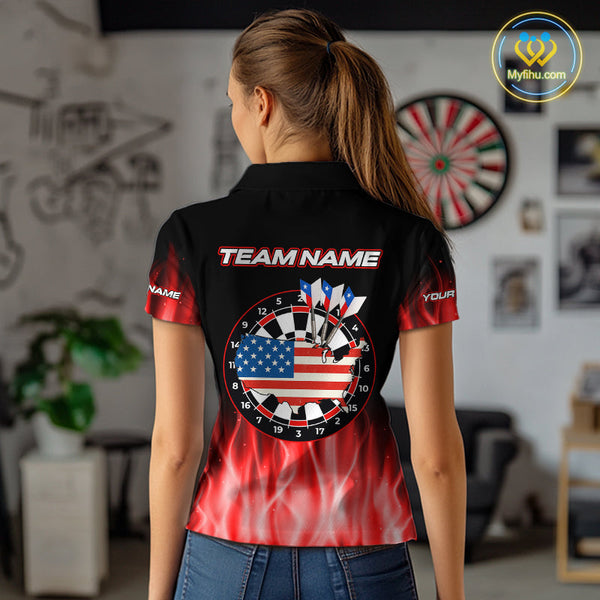 Custom Red Flame US Flag Dartboard Women Polo Shirt, Patriotic Dart League Shirt NYN0677