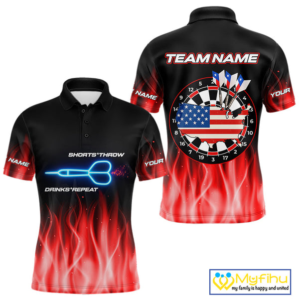 Custom Red Flame US Flag Dartboard Men Polo Shirt, Patriotic Dart League Shirt NYN0677
