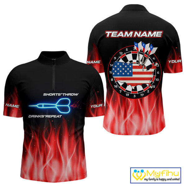 Custom Red Flame US Flag Dartboard Men Quarter-Zip Shirt, Patriotic Dart League Shirt NYN0677