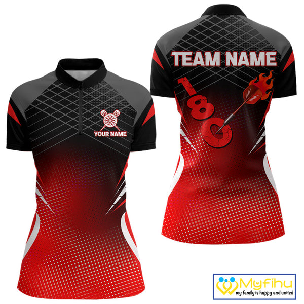Custom Black And Red Flaming Dart Arrow In 180 Score Dart Quarter-Zip Shirts For Women NYN0421