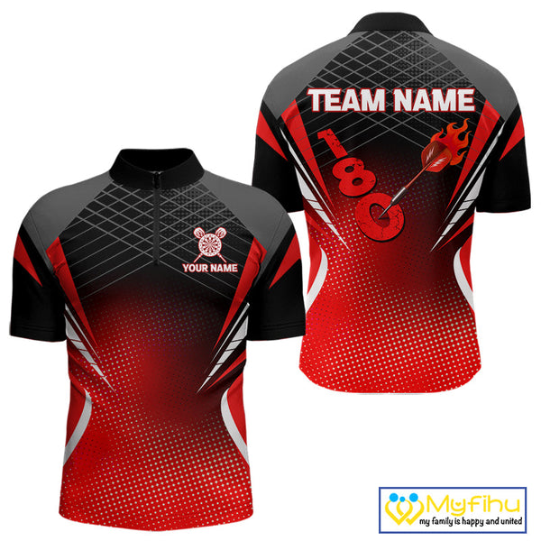 Custom Black And Red Flaming Dart Arrow In 180 Score Dart Quarter-Zip Shirts For Men NYN0421