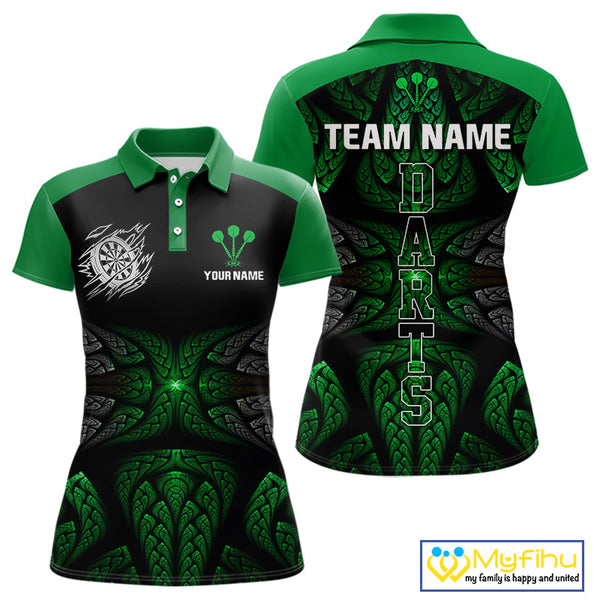 Custom Black And Green Tribal Pattern Dart Team Women Polo Shirt, Dart Jersey NYN0432