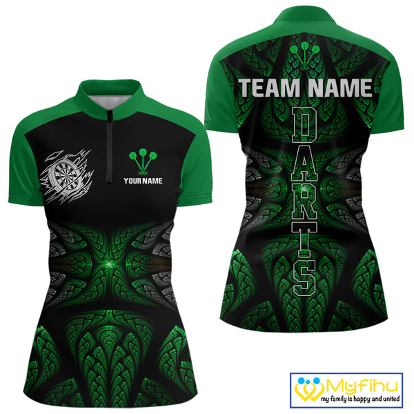 Custom Black And Green Tribal Pattern Dart Team Women Quarter-Zip Shirt, Dart Jersey NYN0432