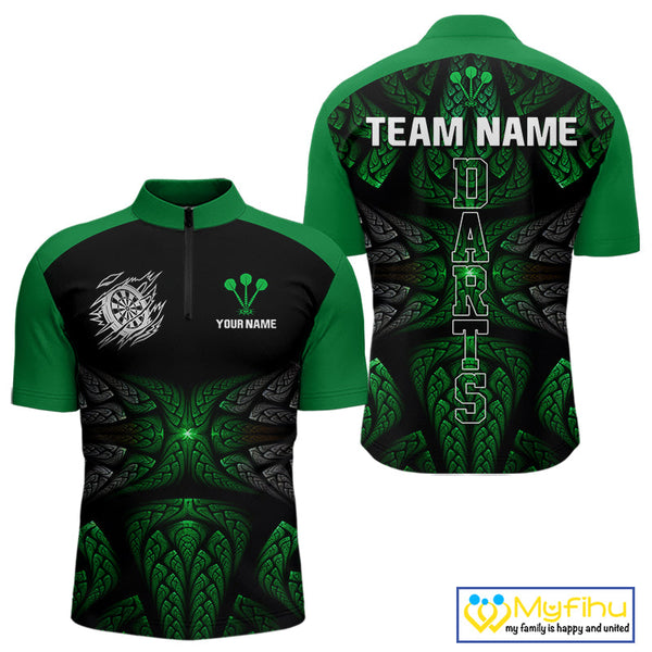 Custom Black And Green Tribal Pattern Dart Team Men Quarter-Zip Shirt, Dart Jersey NYN0432