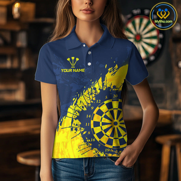 Custom Navy Blue And Yellow Splash Dartboard Dart Women Polo Shirt, Team Dart Jerseys NYN0689