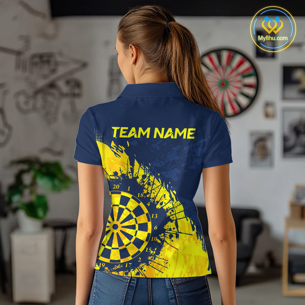 Custom Navy Blue And Yellow Splash Dartboard Dart Women Polo Shirt, Team Dart Jerseys NYN0689