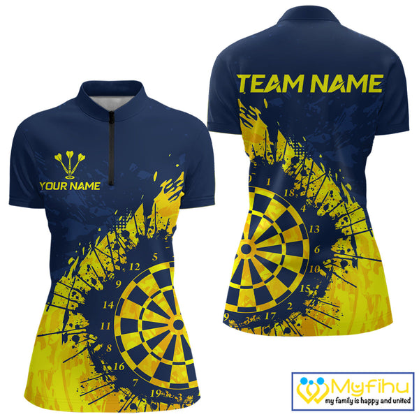 Custom Navy Blue And Yellow Splash Dartboard Dart Women Quarter-Zip Shirt, Team Jerseys NYN0689