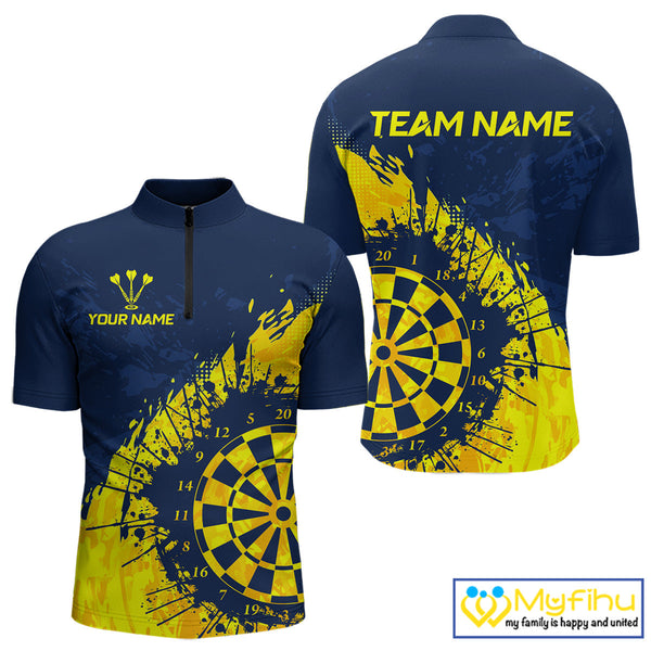 Custom Navy Blue And Yellow Splash Dartboard Dart Men Quarter-Zip Shirt, Team Dart Jerseys NYN0689