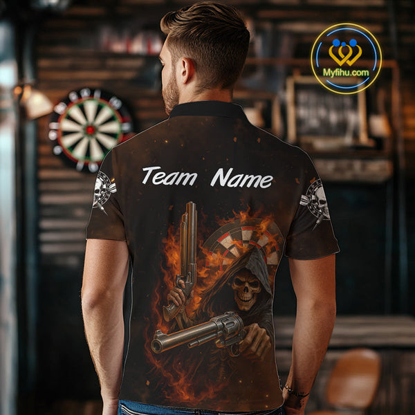 Custom Fire Flame Skull Grim Reaper Dart Polo Shirts For Men, Halloween Dart Outfit NYN0447