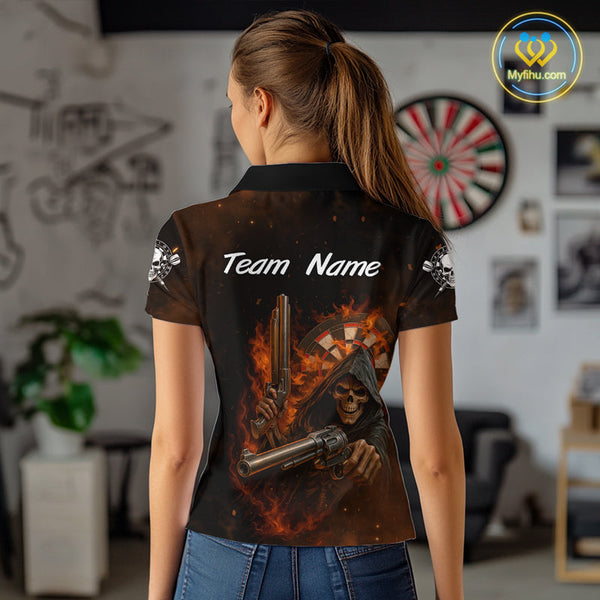 Custom Fire Flame Skull Grim Reaper Dart Polo Shirts For Women, Halloween Dart Outfit NYN0447