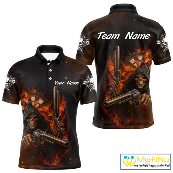 Custom Fire Flame Skull Grim Reaper Dart Polo Shirts For Men, Halloween Dart Outfit NYN0447