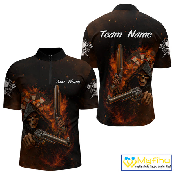 Custom Fire Flame Skull Grim Reaper Dart Quarter-Zip Shirts For Men, Halloween Dart Outfit NYN0447