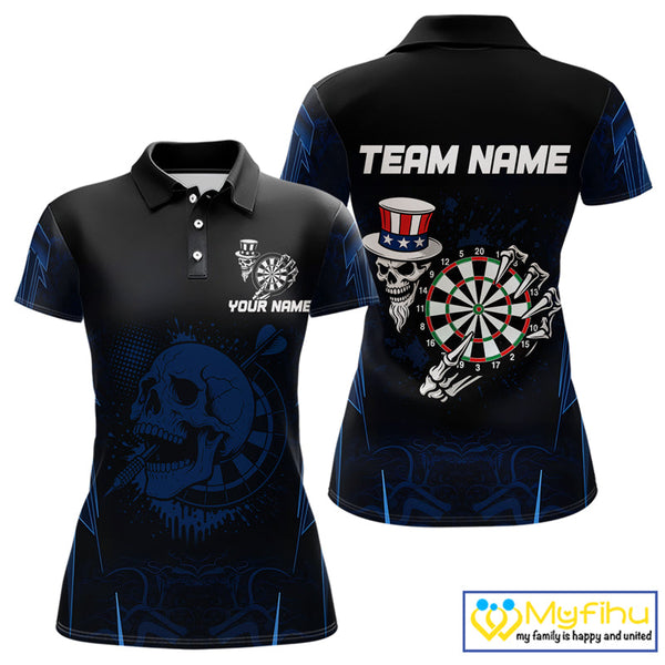 Custom Black And Blue Skull Patriotic Dart Team Polo Shirt For Women NYN0480