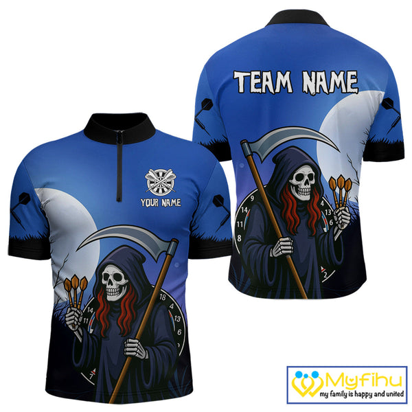 Custom Funny Grim Reaper Dart Team Quarter-Zip Shirt For Men, Halloween Dart Outfit NYN0497