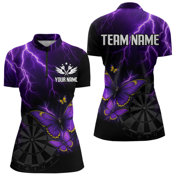 Custom Purple Thunder Lightning Butterfly Dart Women Quarter-Zip Shirts, Dart League Shirt NYN0286