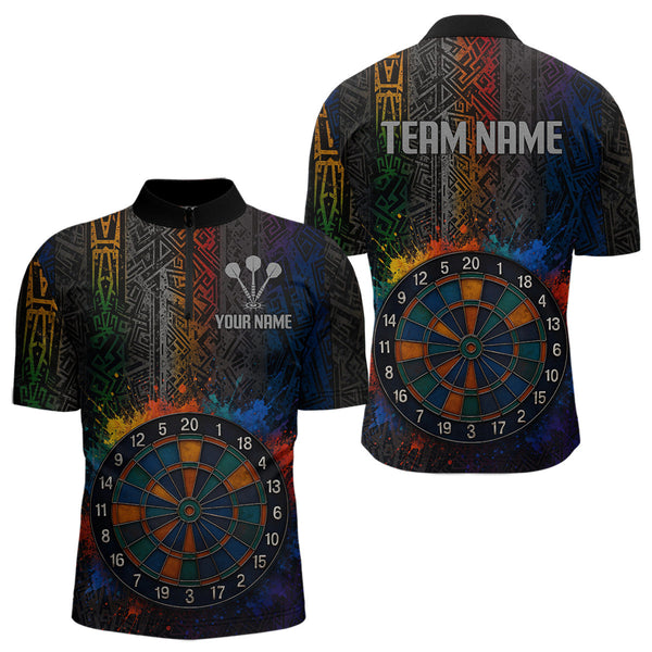Custom Colorful Tribal Dart Team Quarter-Zip Shirts For Men, Rainbow Splatter Dart Jerseys NYN0292