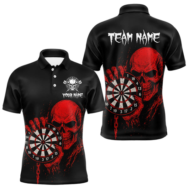 Custom Black And Red Skull Dart Polo Shirts For Men, Halloween Dart Team Outfit NYN0294