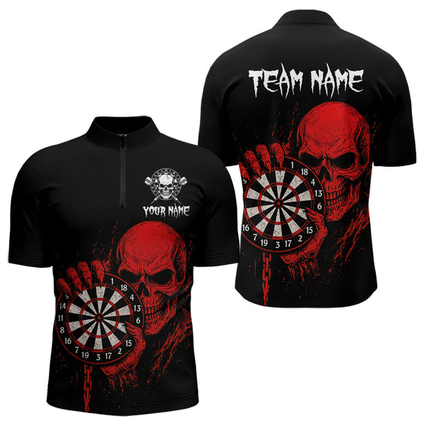 Custom Black And Red Skull Dart Quarter-Zip Shirts For Men, Halloween Dart Team Outfit NYN0294