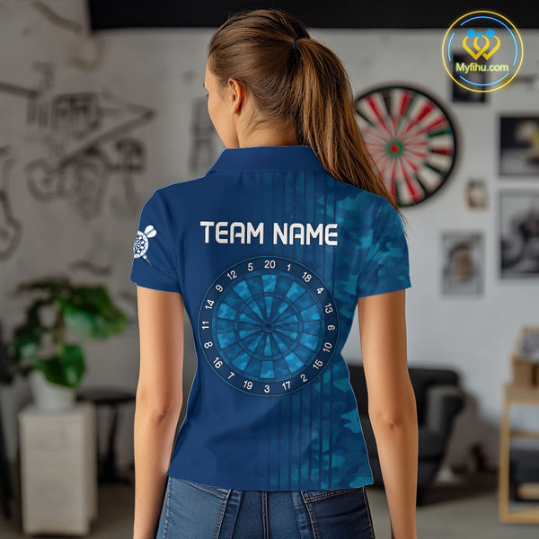 Custom Name Blue Camo Dart Polo Shirts For Women, Camouflage Dart Team League Shirt NYN0317