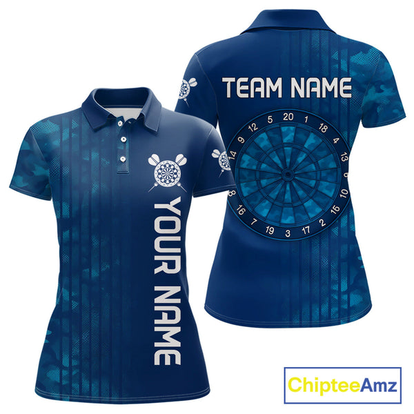 Custom Name Blue Camo Dart Polo Shirts For Women, Camouflage Dart Team League Shirt NYN0317