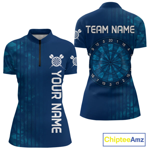 Custom Name Blue Camo Dart Quarter-Zip Shirts For Women, Camouflage Dart Team League Shirt NYN0317
