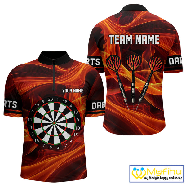 Custom Orange Fire Flame Dart Quarter-Zip Shirt For Men, Dart Team Jersey NYN0588