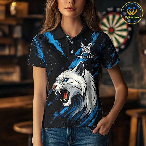 Custom Blue White Panther Dart Team Polo Shirts For Women, Panther Dart Jerseys NYN0331