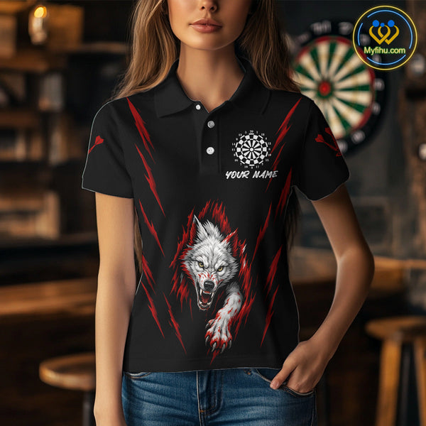 Custom Black And Red Wolf Darts Polo Shirts For Women, Dart Tournament Team Shirt NYN0335
