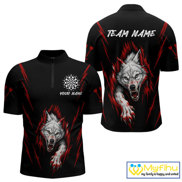 Custom Black And Red Wolf Darts Quarter-Zip Shirts For Men, Dart Tournament Team Shirt NYN0335
