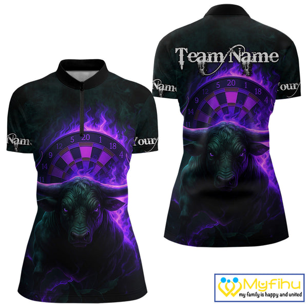 Custom Purple Flame Bull Dart Quarter-Zip Shirt For Women, Bull Dart Jersey NYN0606