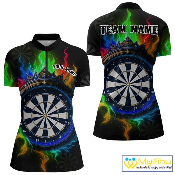 Custom Colorful Smoke Flame Dartboard Dart Quarter-Zip Shirts For Women, Dart Team Shirt NYN0621