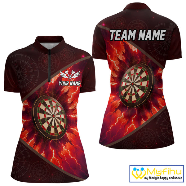 Custom Red Thunder Lightning Dartboard Quarter-Zip Shirt For Women, Electric Dart Jersey NYN0643