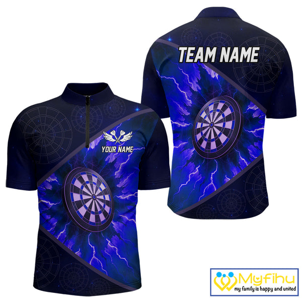 Custom Blue Thunder Lightning Dartboard Quarter-Zip Shirt For Men, Electric Dart Jersey NYN0644