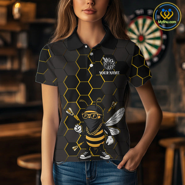 Custom Black And Yellow Funny Bee Darts Polo Shirts For Women, Dart League Shirt NYN0669