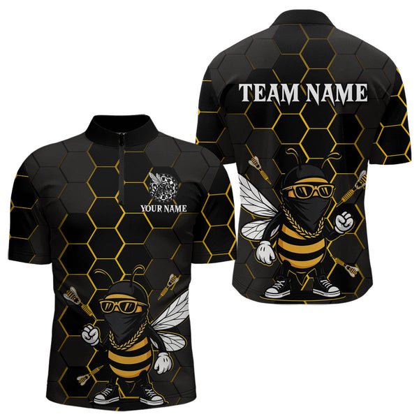 Custom Black And Yellow Funny Bee Darts Quarter-Zip Shirts For Men, Dart League Shirt NYN0669